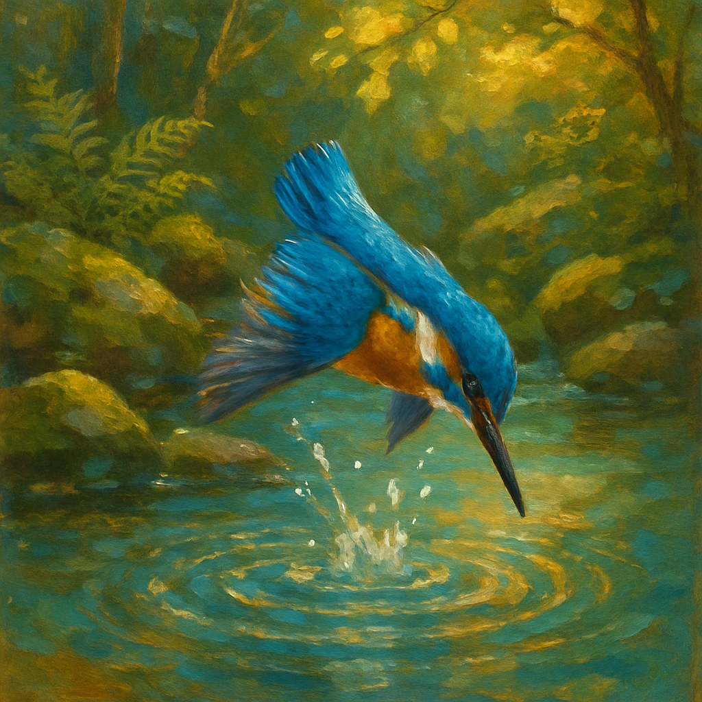 Kingfisher Splash Jewel Over A Still Woodland Stream paint by color