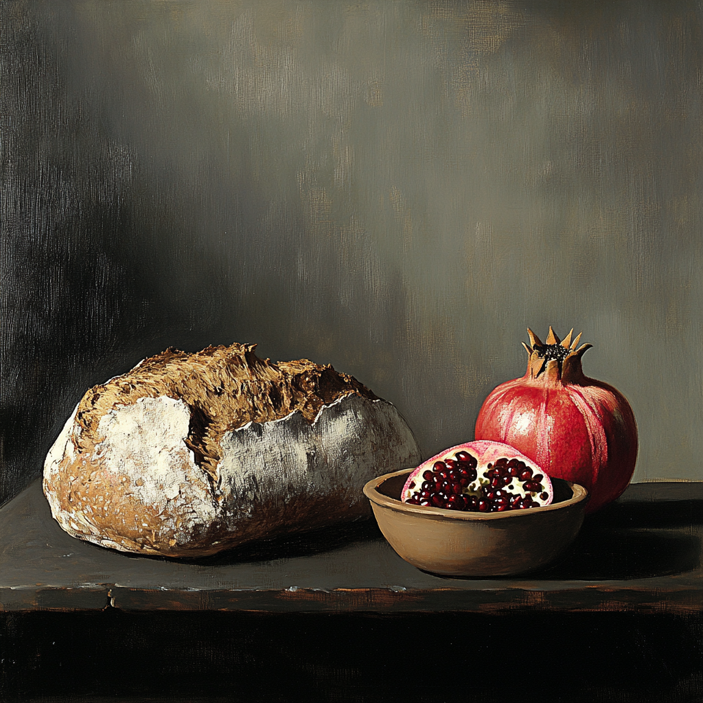 Diego Velázquez Inspired Market Still Life Of Loaves And Pomegranates In Quiet Shadow paint by number