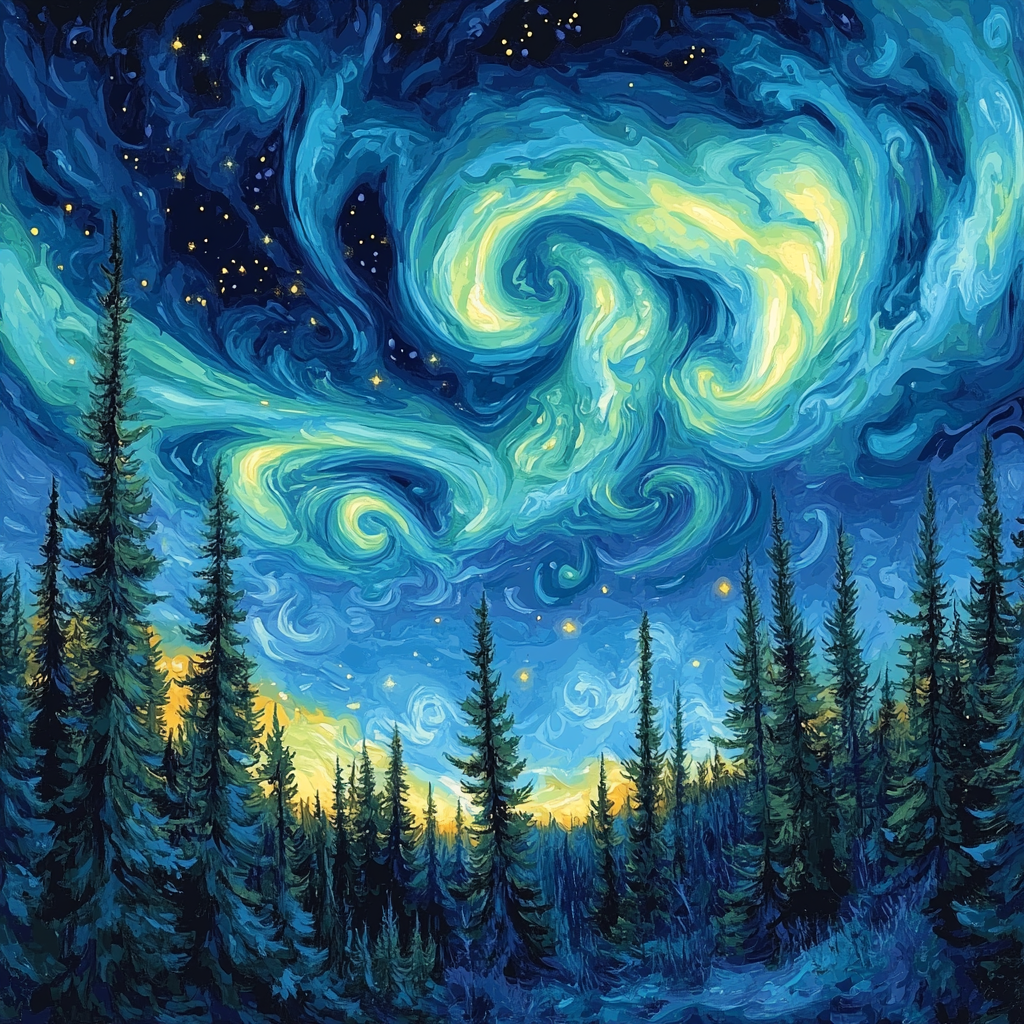 Van Gogh Inspired Aurora Over Pine Forest DIY paint by numbers