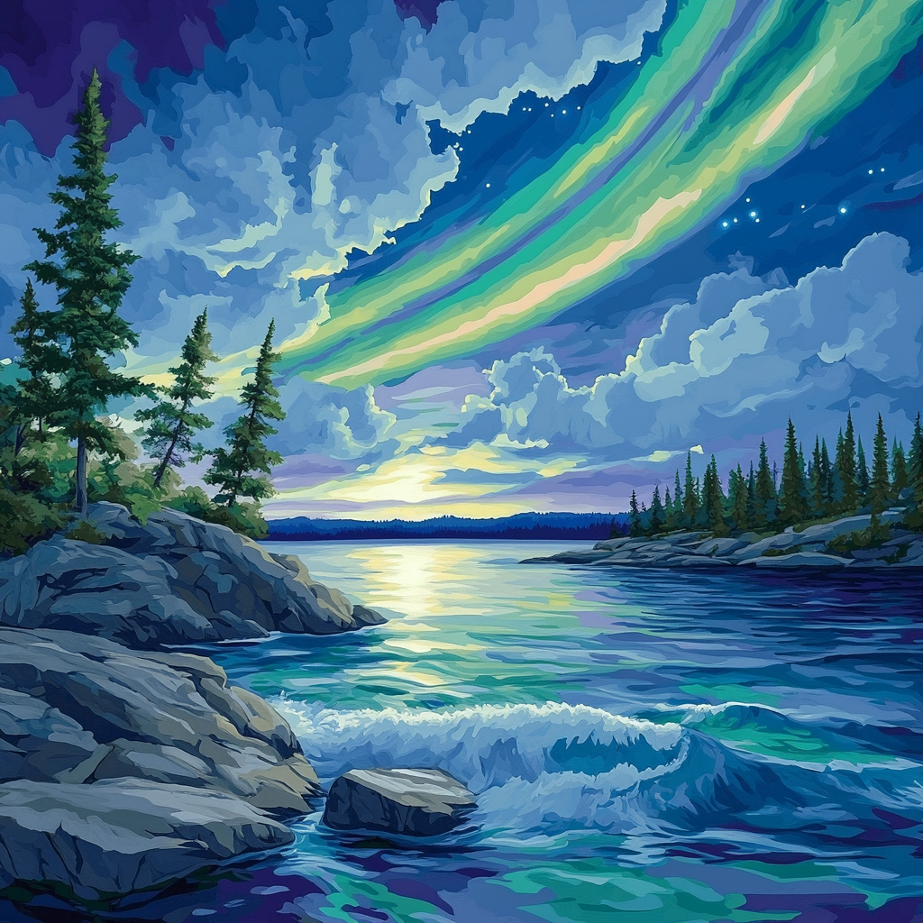 Franklin Carmichael Inspired Aurora Over Granite Shoreline Numbered painting kits