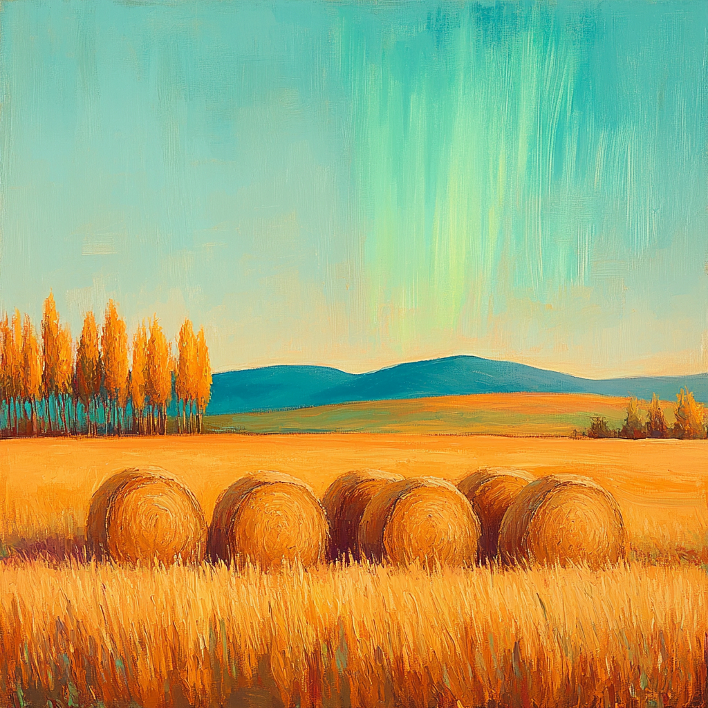 Claude Monet Inspired Aurora Haze Over Autumn Haystacks paint by number