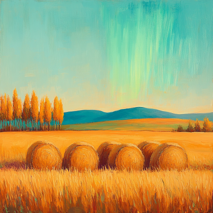 Claude Monet Inspired Aurora Haze Over Autumn Haystacks paint by number