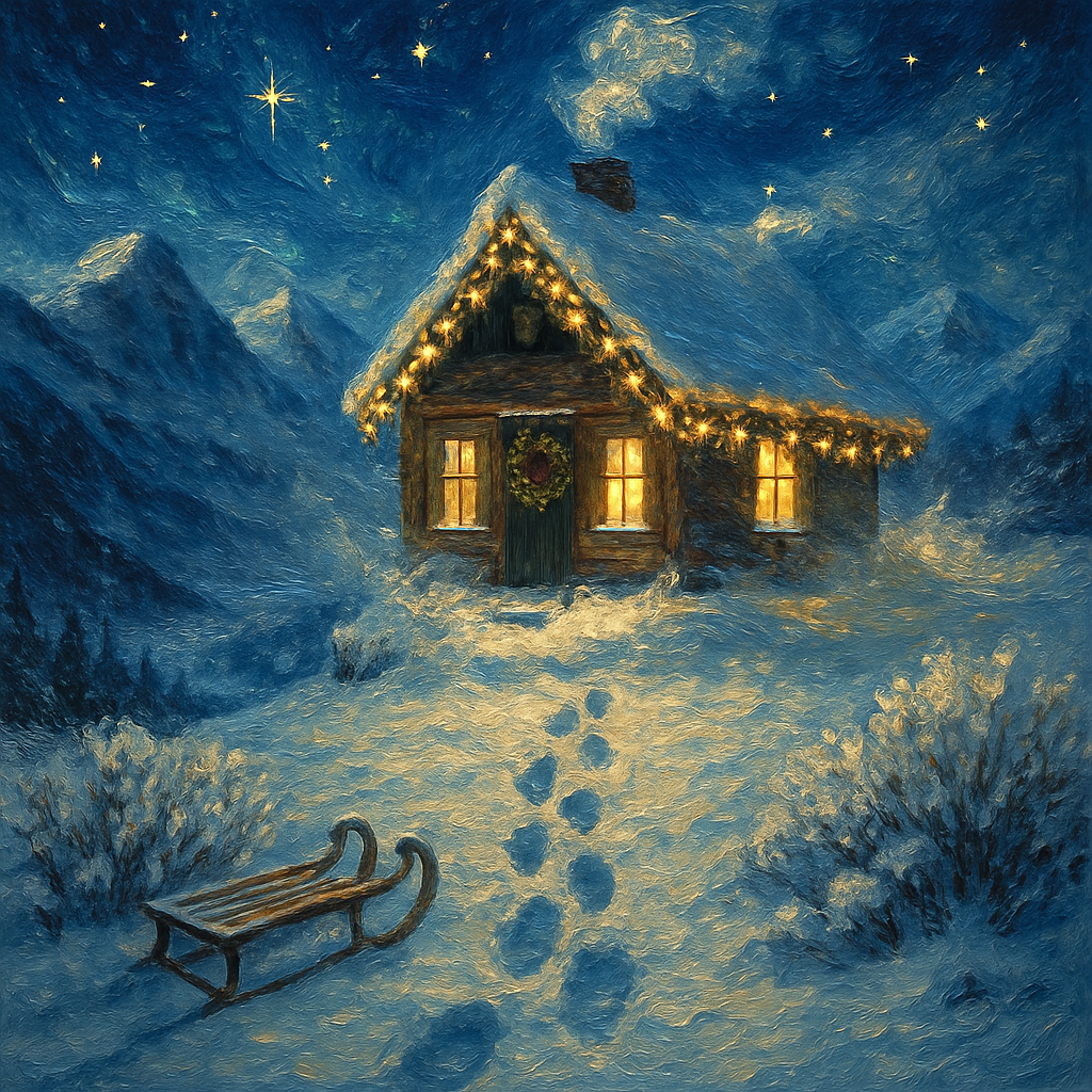 Mountain Cabin Wrapped In Starlight Garlands painting number kit