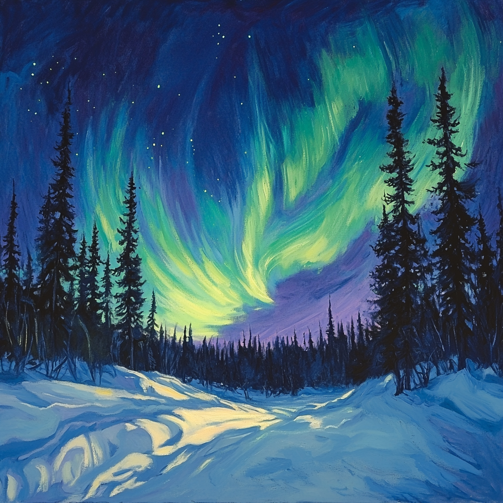 Edgar Degas Inspired Aurora Over Winter Pines Number painting