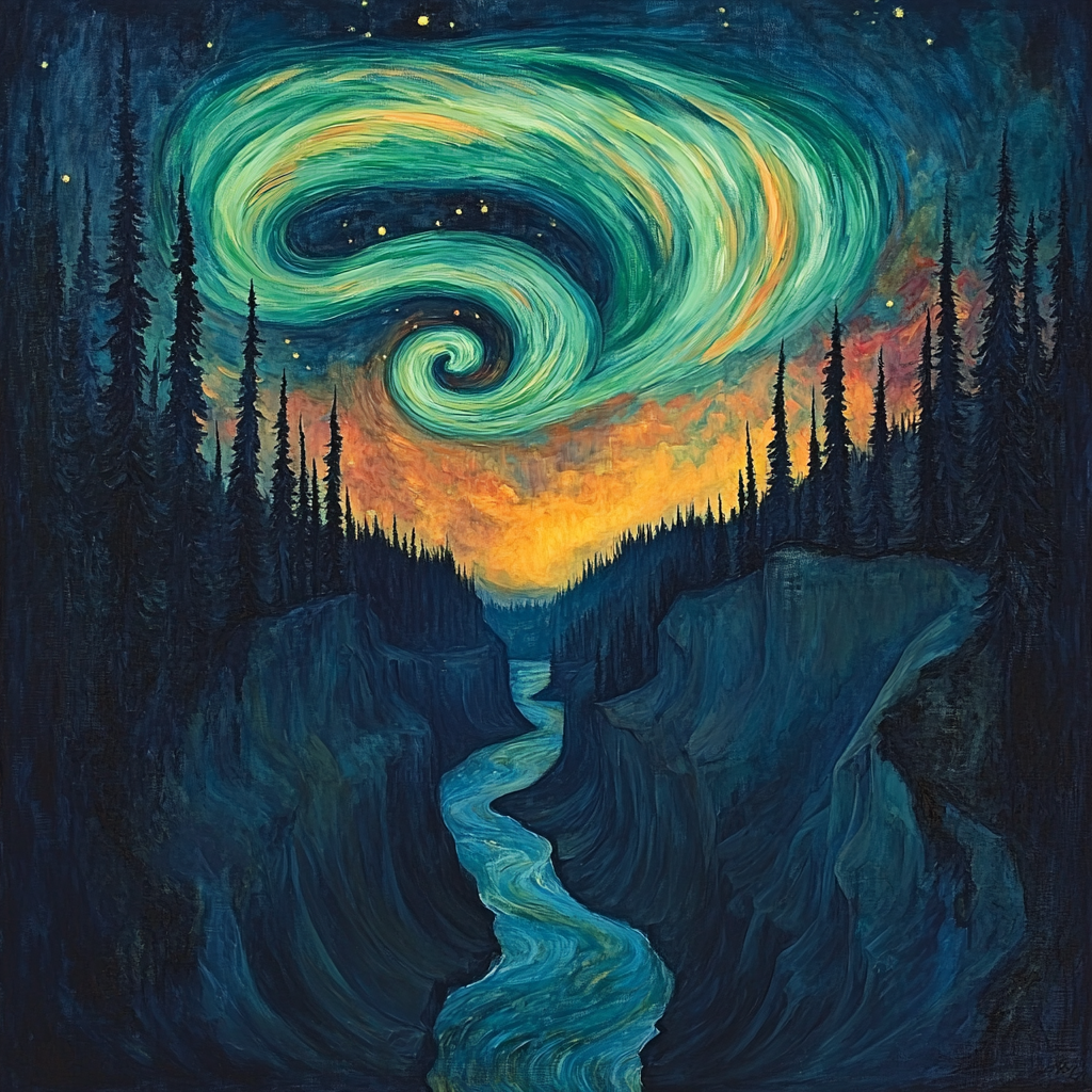 Edvard Munch Inspired Aurora Spirals Through An Enchanted Pine Gorge Numbered painting kits