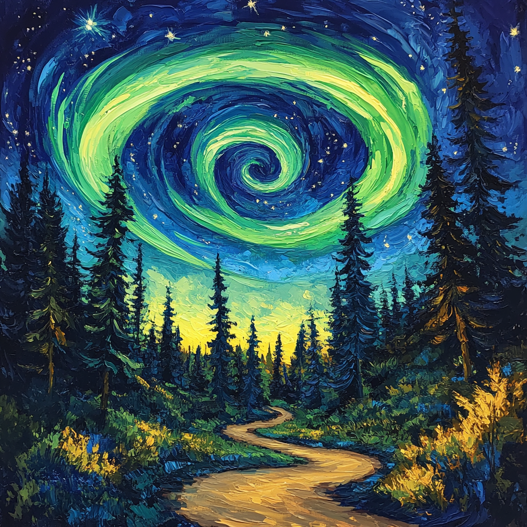 Van Gogh Inspired Aurora Over Pine Forest DIY paint by numbers