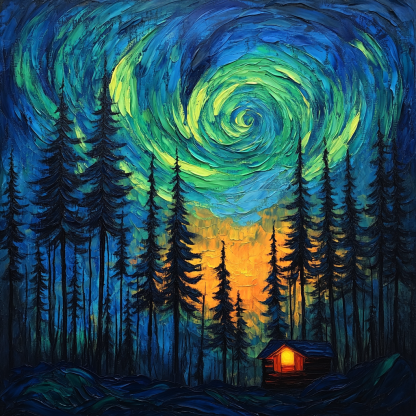 Van Gogh Inspired Aurora Over Pine Forest painting number kit