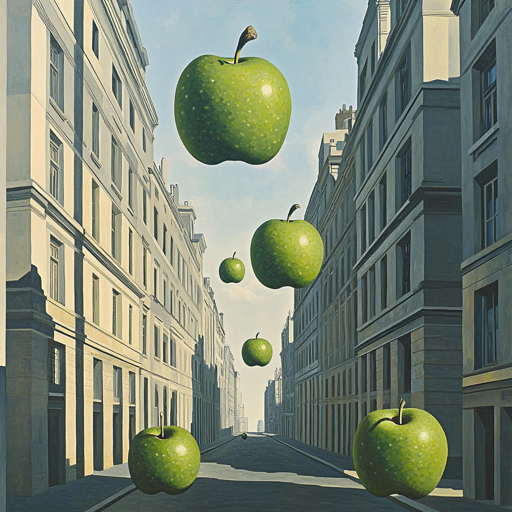 René Magritte Inspired Floating Apples Over City Street paint by number