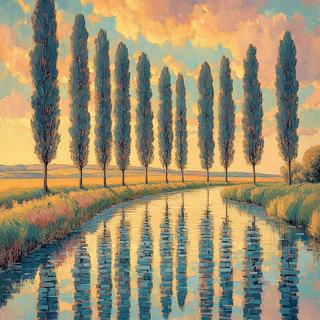 Claude Monet Inspired Poplar Riverbank In Apricot Haze paint by number