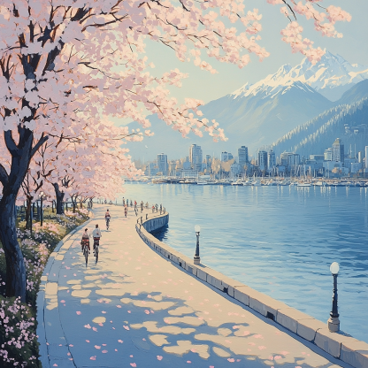 Vancouver Seawall Spring Cherry Blossoms - Vancouver, Canada paint by number