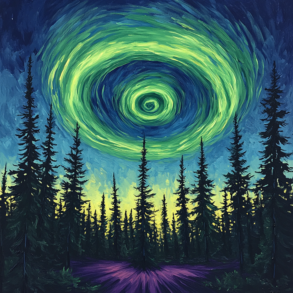 Edvard Munch Inspired Aurora Spiral Above Whispering Pines DIY paint by numbers