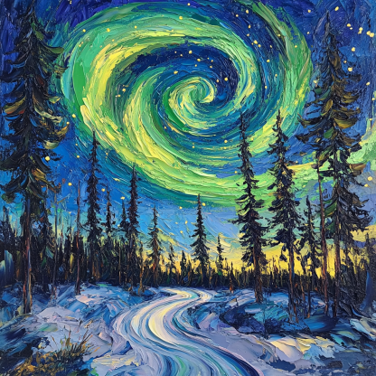 Van Gogh Inspired Aurora Over Pine Forest paint by color