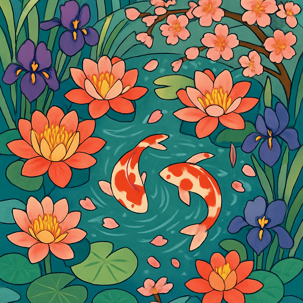 Koi Pond Reflections In Floral Mosaic Paint by numbers art