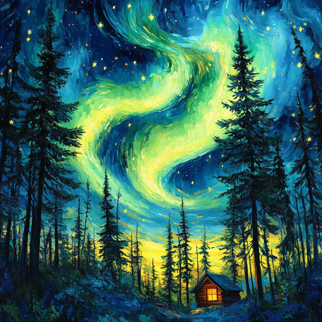 Van Gogh Inspired Aurora Over Pine Forest Number painting