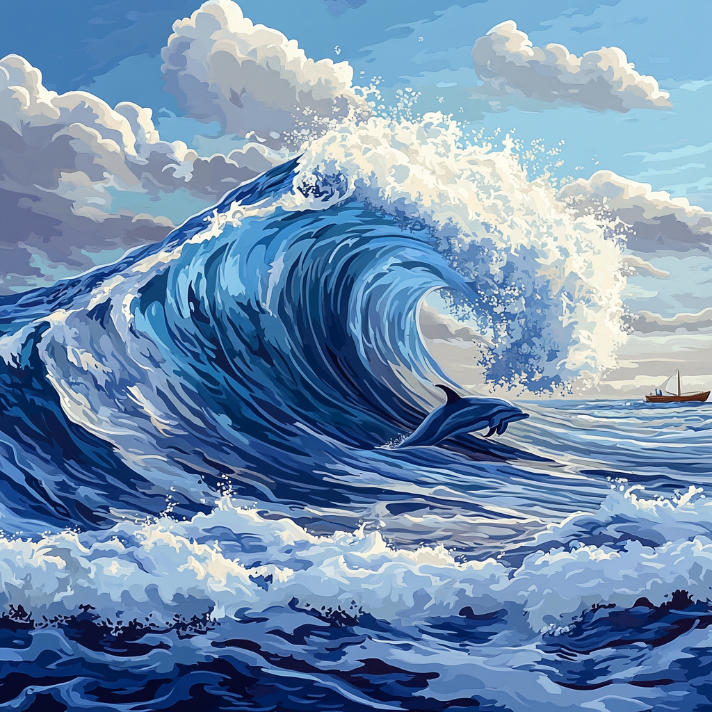 Katsushika Hokusai Inspired Ocean Wave With Dolphins paint by number