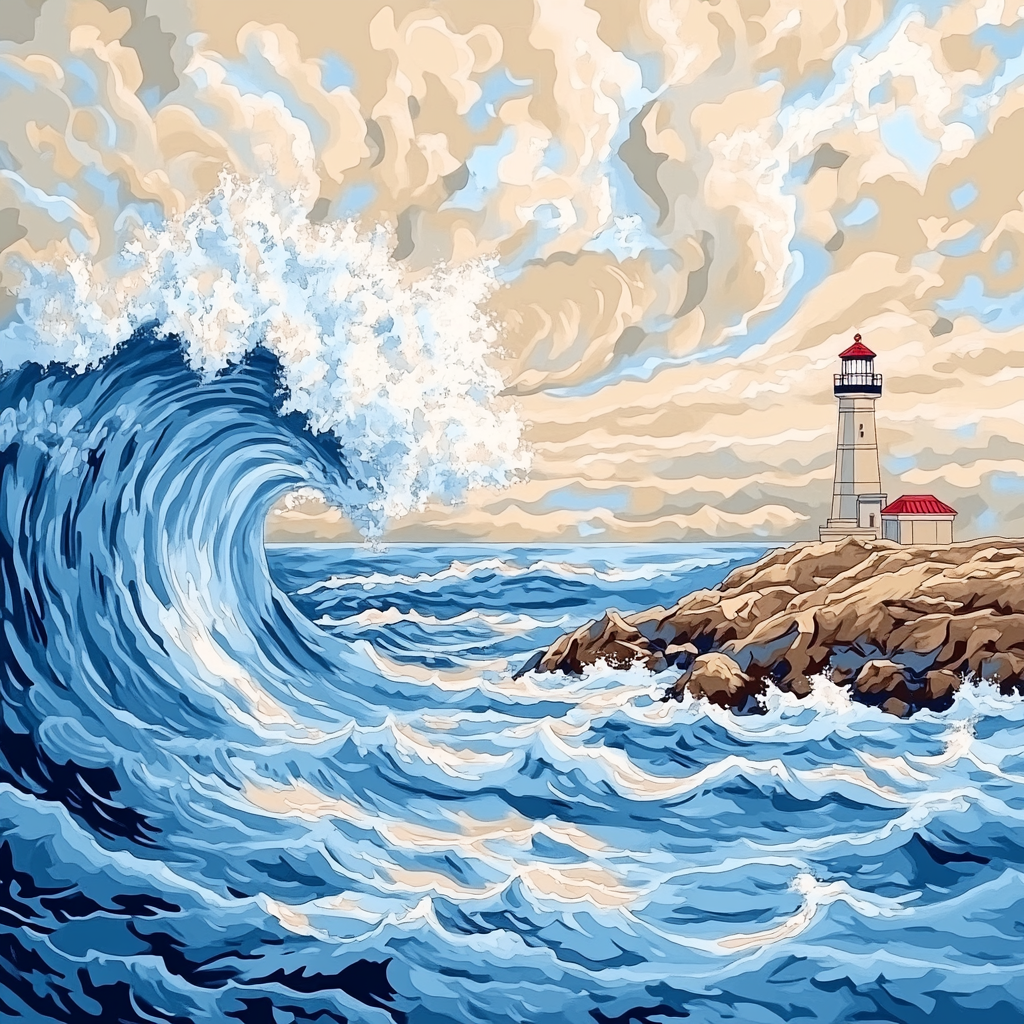 Hokusai Inspired Storm Waves And Lighthouse paint by color
