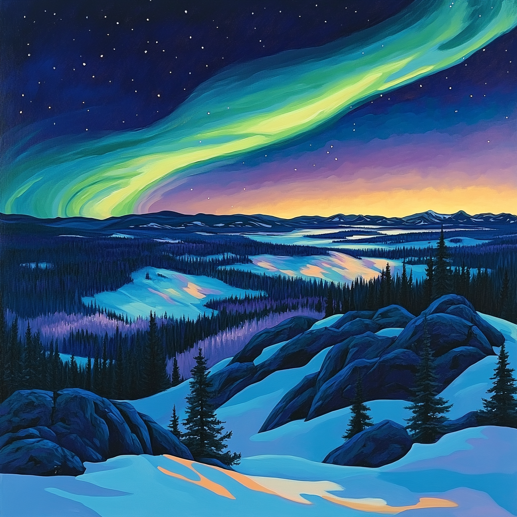 A.Y. Jackson Inspired Aurora Thaw Over Algoma Granite Number painting