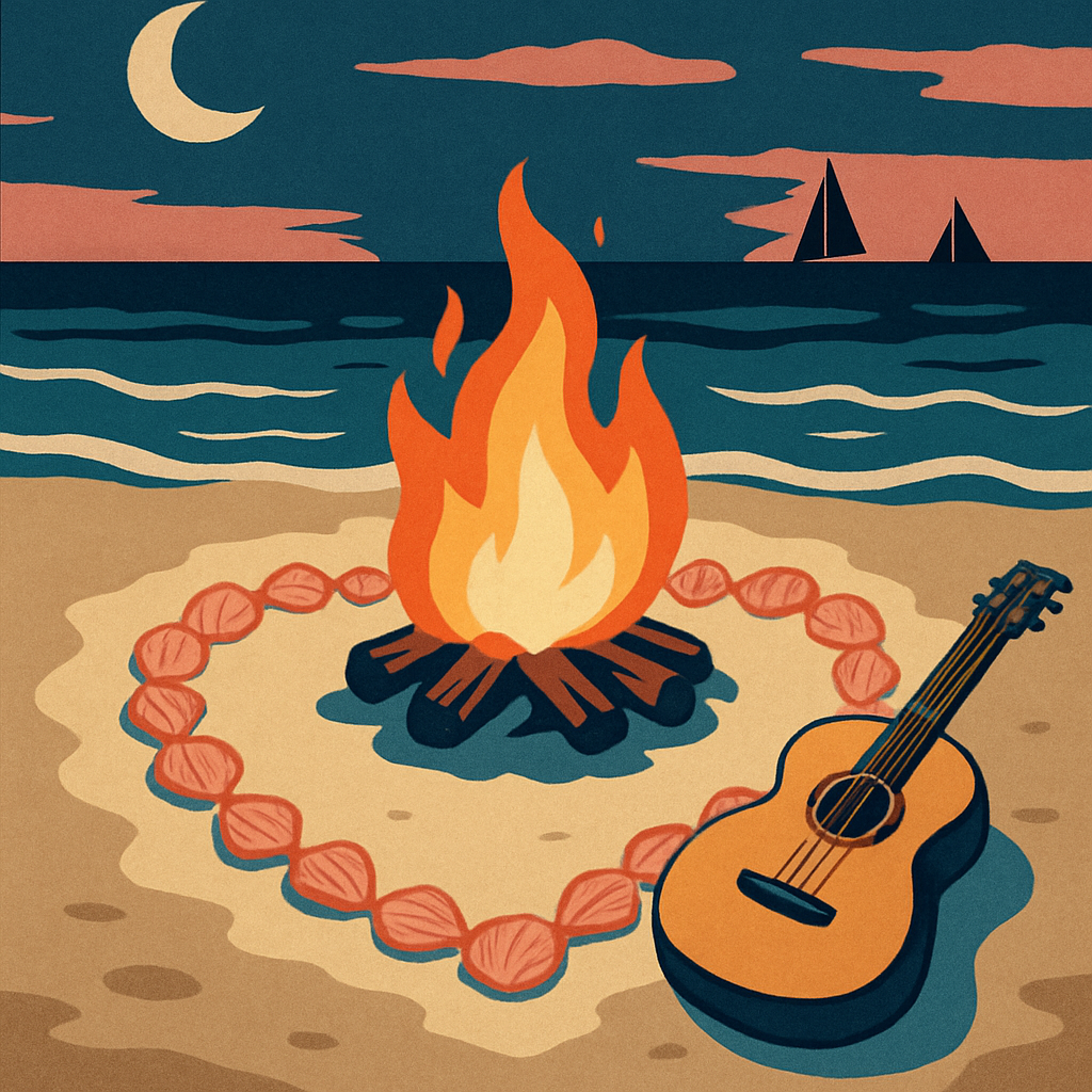 Valentines Day Beach Bonfire With Shell Hearts paint by color