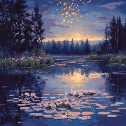 Claude Monet Inspired Water Lilies On A Meteor Shower Night DIY paint by numbers