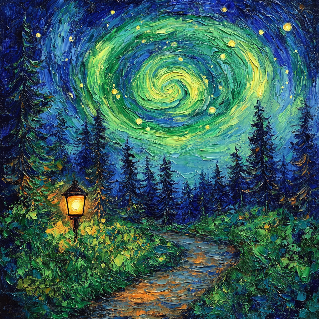 Van Gogh Inspired Aurora Forest Walk paint by number