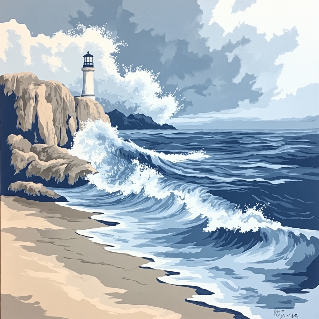 Katsushika Hokusai Inspired Storm Waves And Lighthouse paint by color