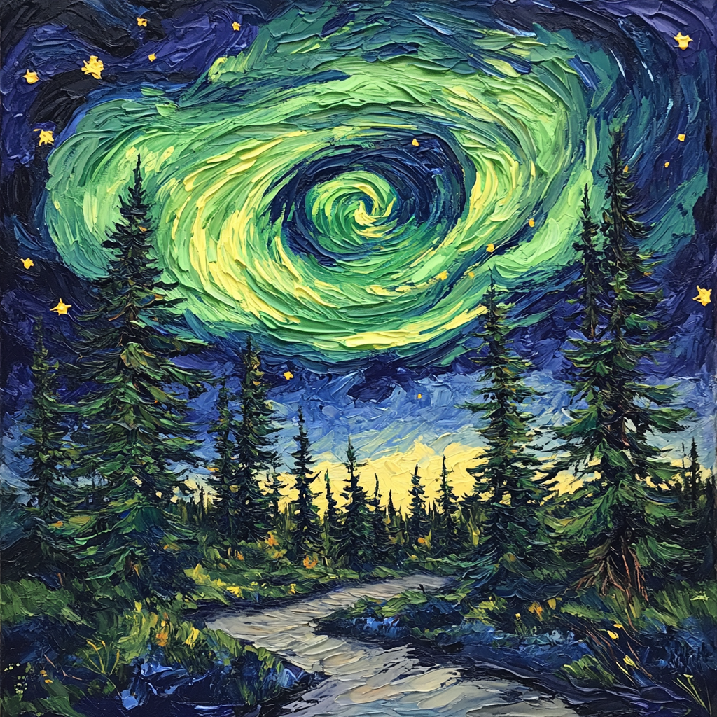 Van Gogh Inspired Aurora Over Pine Forest DIY paint by numbers