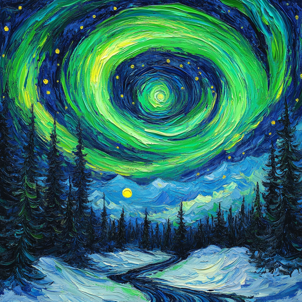Vincent Van Gogh Inspired Aurora Over Pine Forest Number painting