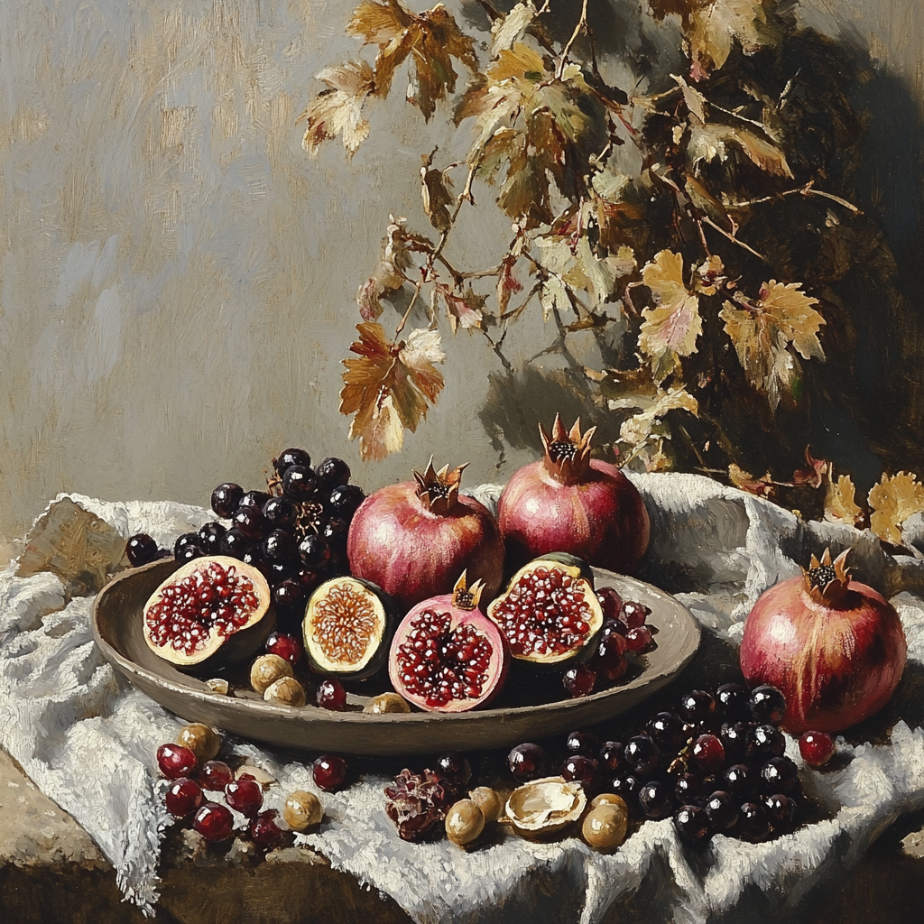 Diego Velázquez Inspired Market Still Life Of Pomegranates Figs And Clay Plate In Hushed Light painting number kit