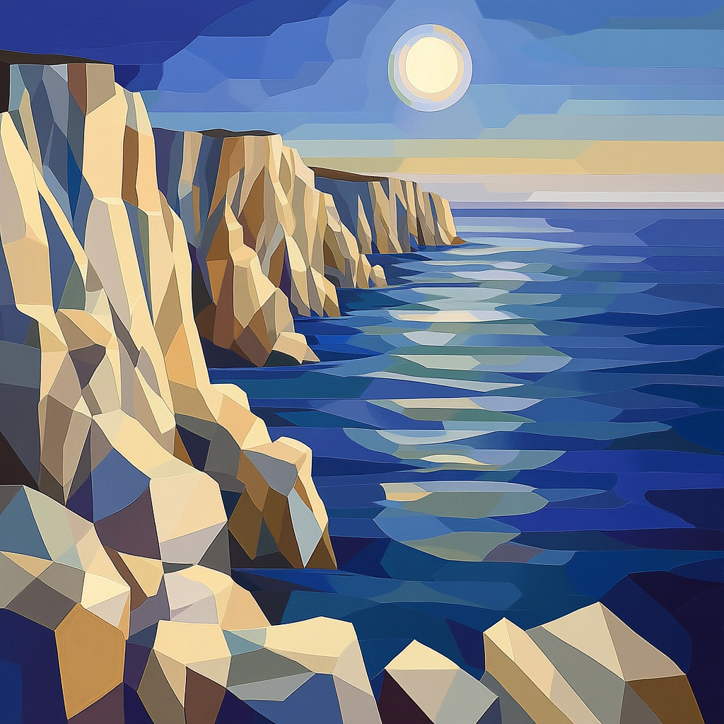 Pablo Picasso Inspired Fractured Coastal Cliffs Under A Cubist Moon painting number kit