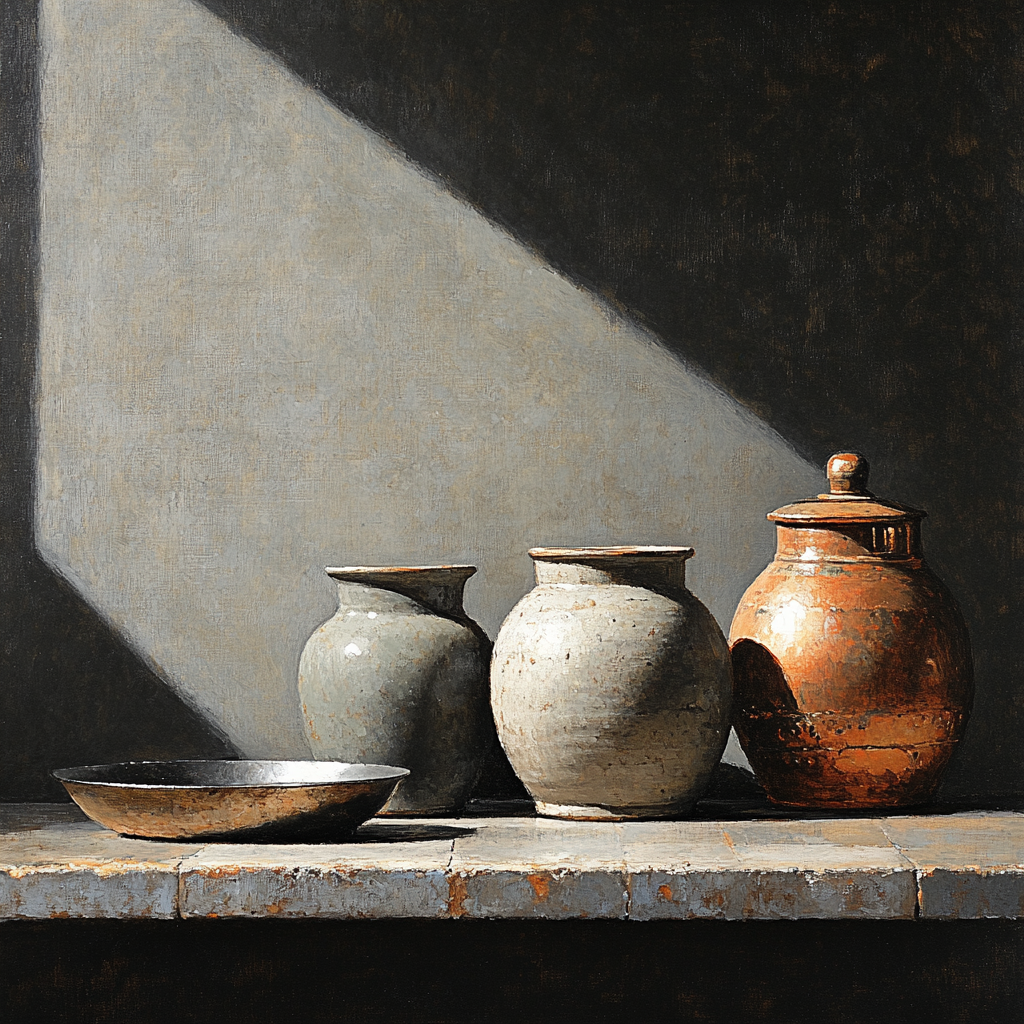 Diego Velázquez Inspired Silvery Bodegon Of Earthenware Jars And Copper Gleam paint by color
