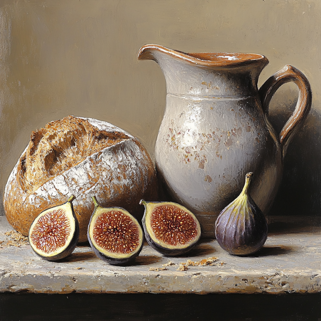 Diego Velázquez Inspired Market Still Life Of Figs Bread And Ceramic Pitcher In Quiet Dusk Paint by numbers art