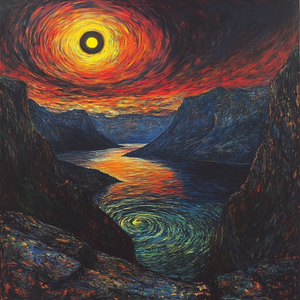 Edvard Munch Inspired Fjord Eclipse Over Trembling Cliffs Number painting