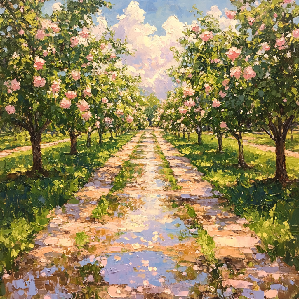Claude Monet Inspired Spring Orchard After Rain With Puddle Reflections paint by color