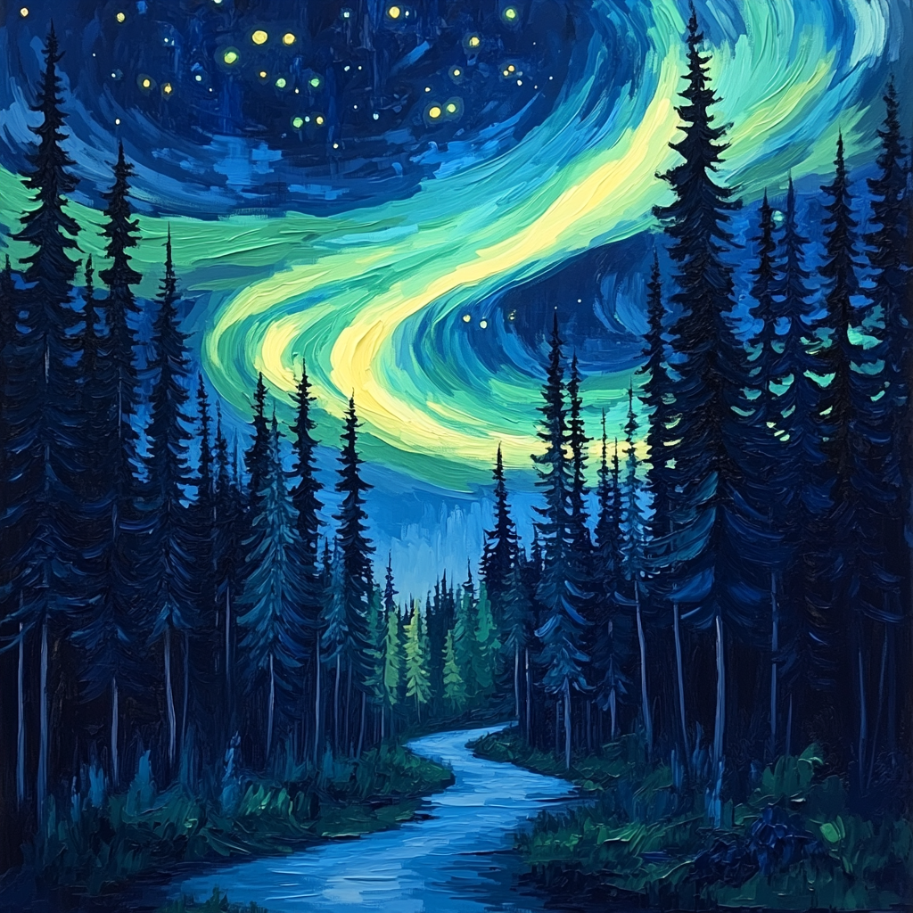 Van Gogh Inspired Aurora Over Pine Forest paint by number