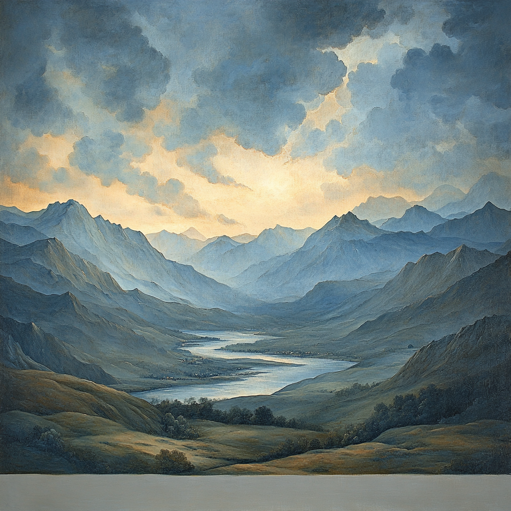 Leonardo Da Vinci Inspired Mountain Storm With Luminous Citylights Haze paint by color