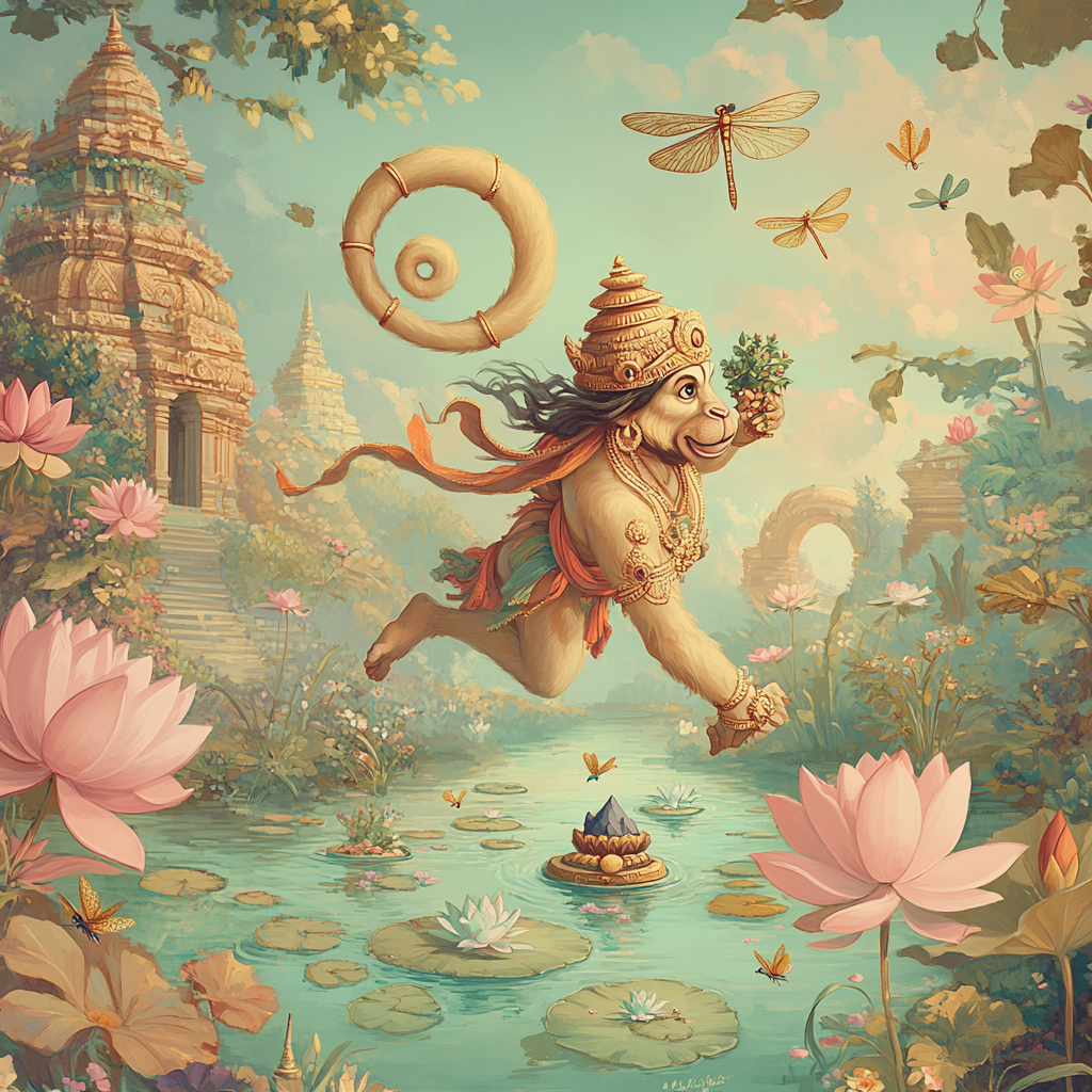 Garden Of Floating Lotuses With Hanuman In Flight painting number kit