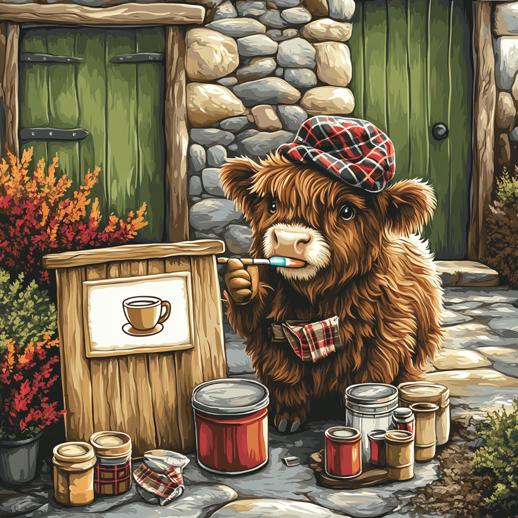 Highland Cow Tea Room Sign Painter paint by numbers