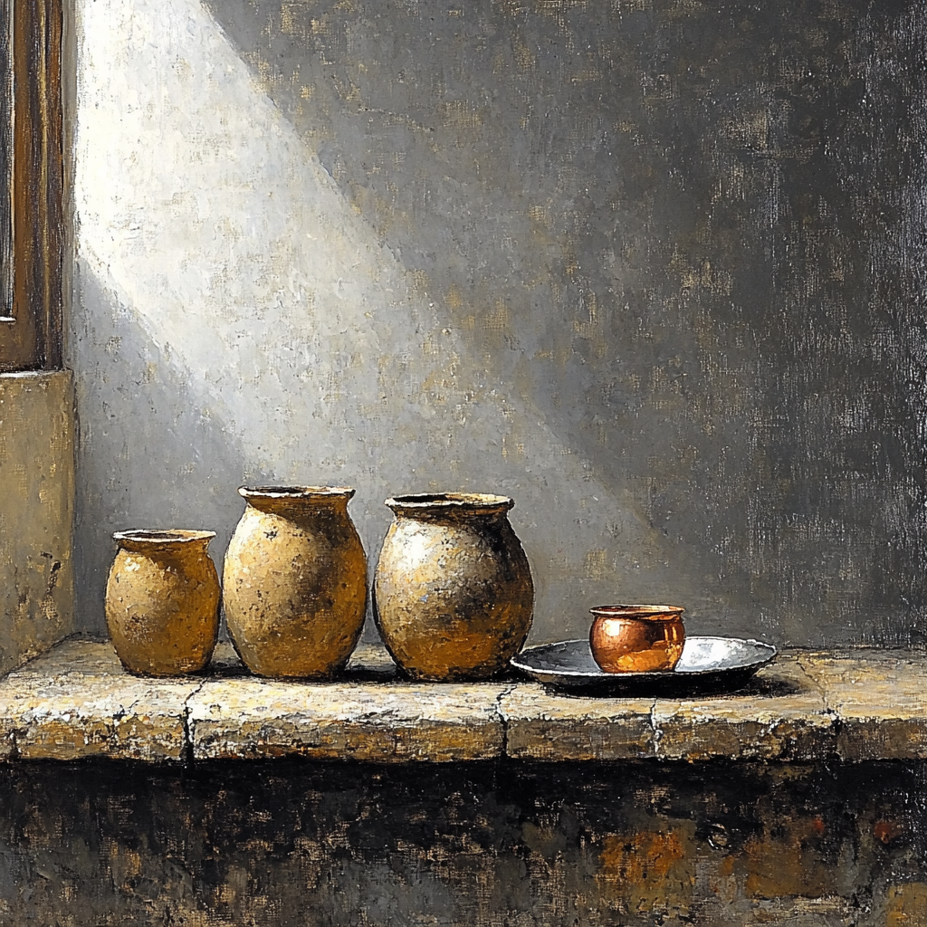 Diego Velázquez Inspired Silvery Bodegon Of Earthenware Jars And Copper Glimmer paint by number