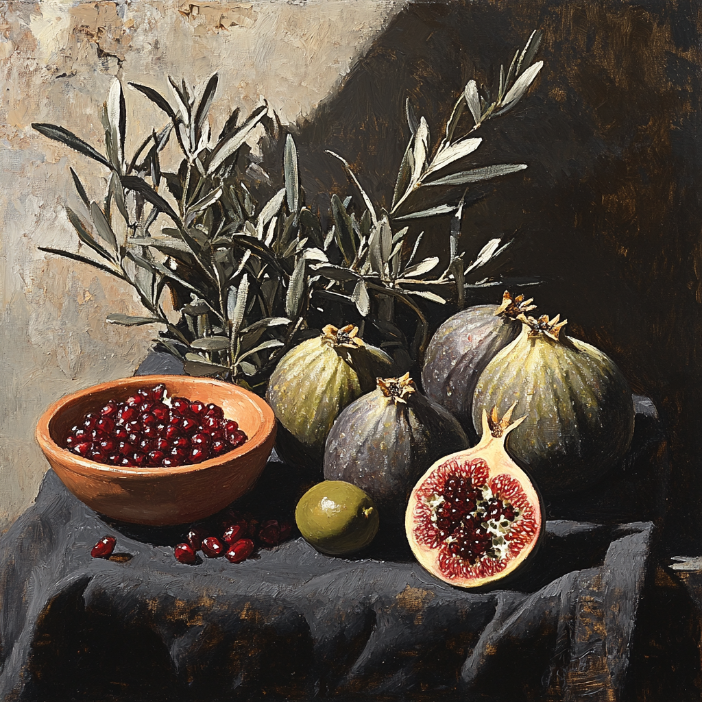 Diego Velázquez Inspired Market Still Life Of Figs Pomegranates And Olive Branches In Dusk Light Paint by numbers art
