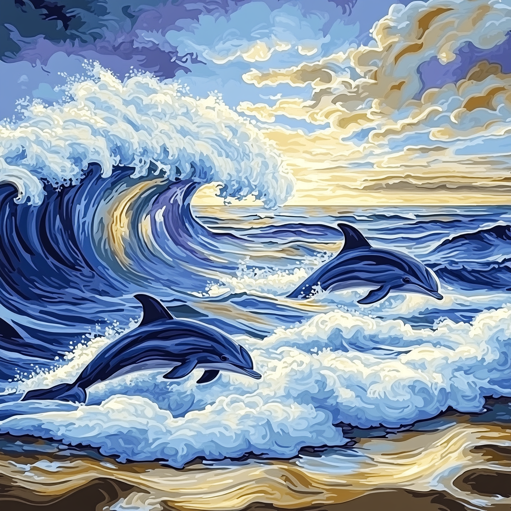Hokusai Inspired Stormy Ocean With Dolphins Painting by numbers kit