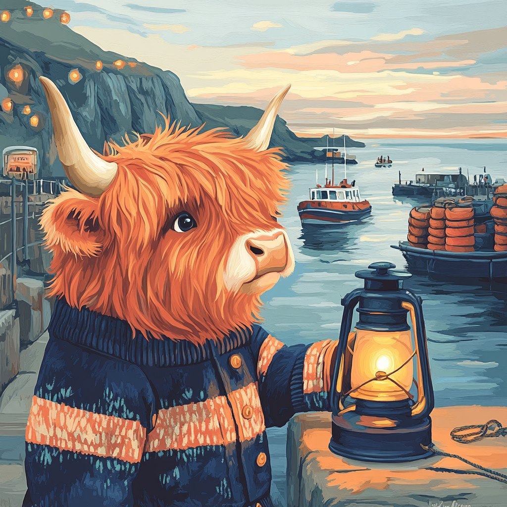 Harbor Lanterns With Highland Cow painting number kit