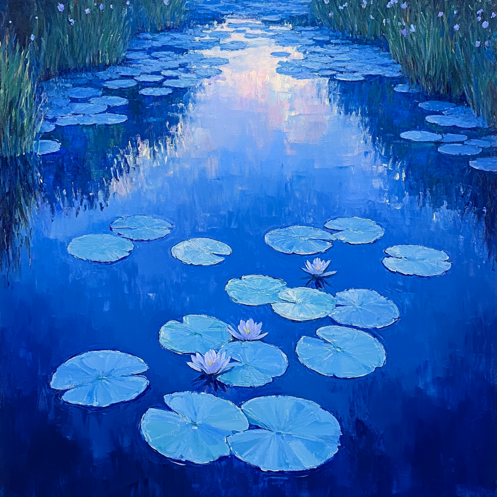 Claude Monet Inspired Frosted Waterlilies At Blue Hour paint by color