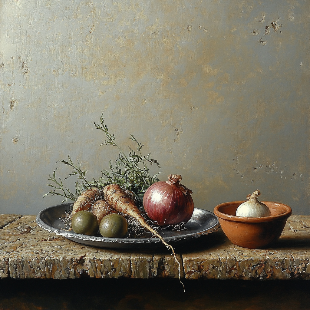 Diego Velázquez Inspired Market Still Life Of Root Vegetables And Pewter Plate painting number kit