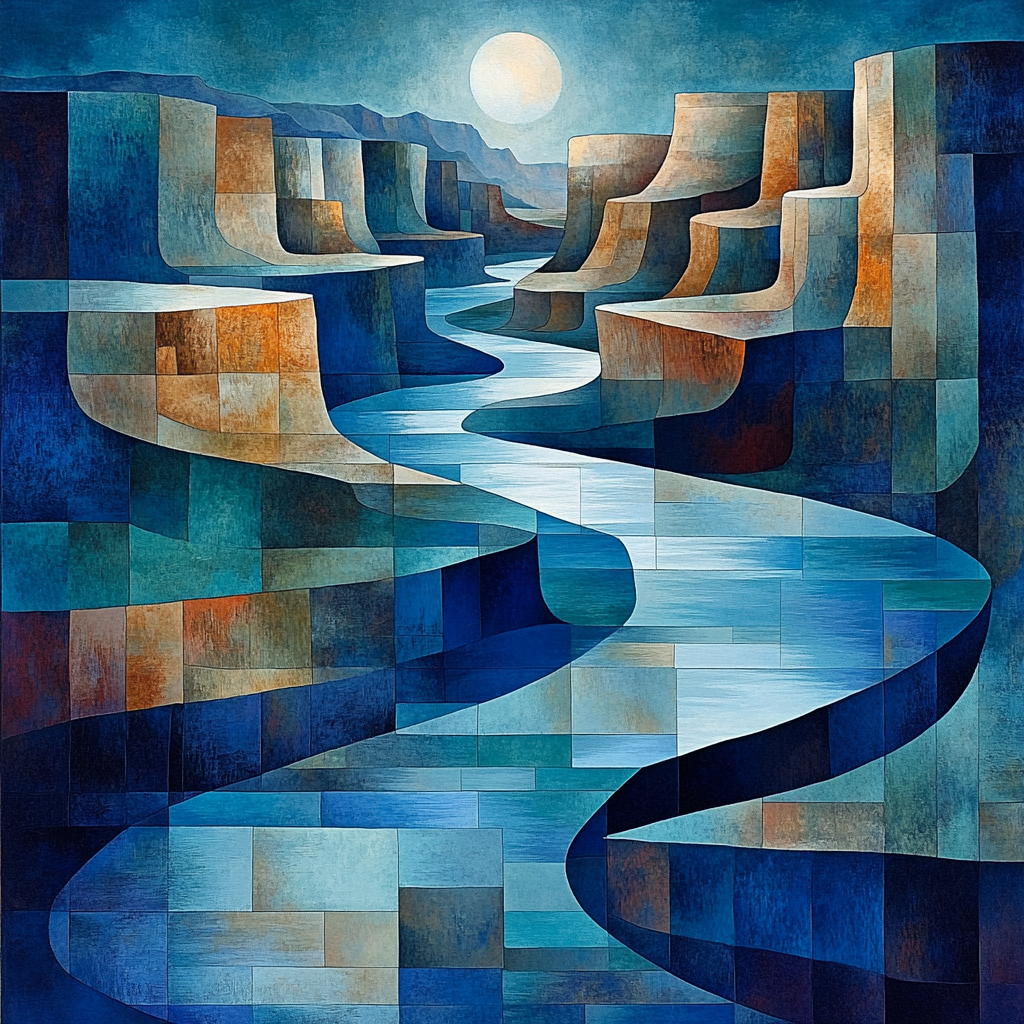 Pablo Picasso Inspired Geometric River Canyon At Moonlit Indigo Paint by numbers kits