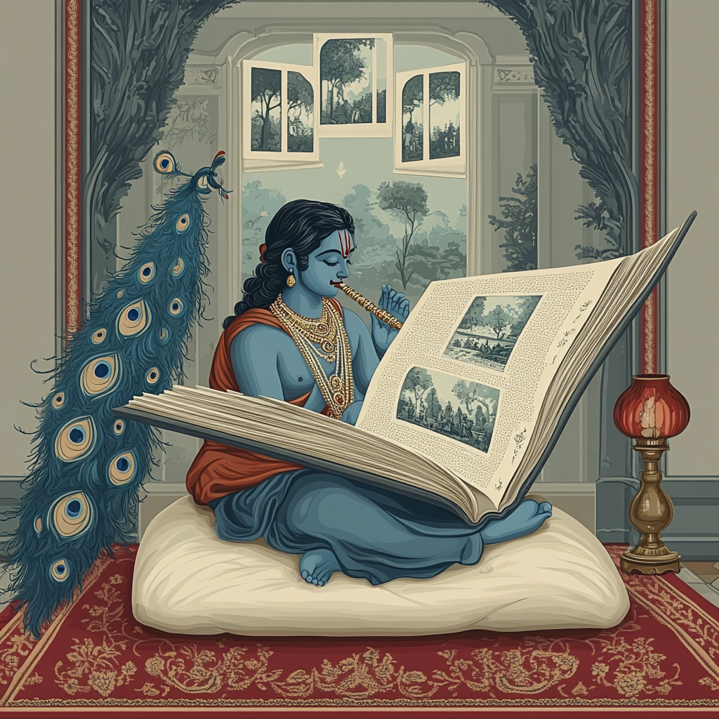 Krishna And The Floating Book Of Bhagavata Scenes paint by color