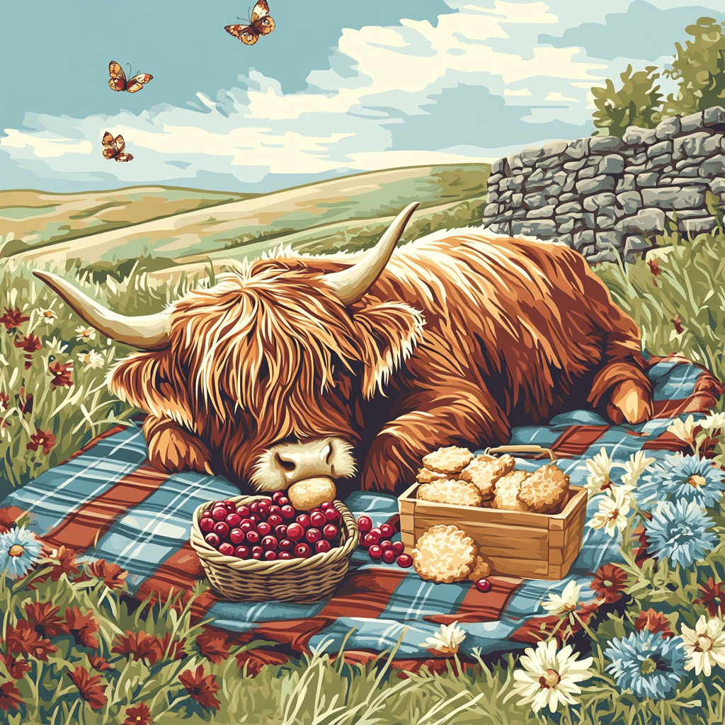 Tartan Picnic With Highland Cow And Wildflowers Paint by numbers art