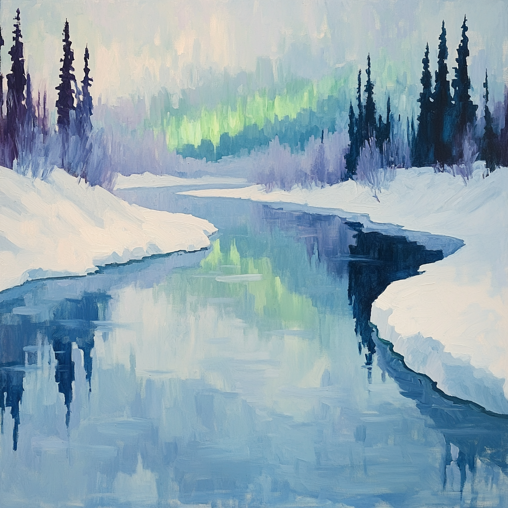 Claude Monet Inspired Aurora Over Winter Riverbend painting number kit
