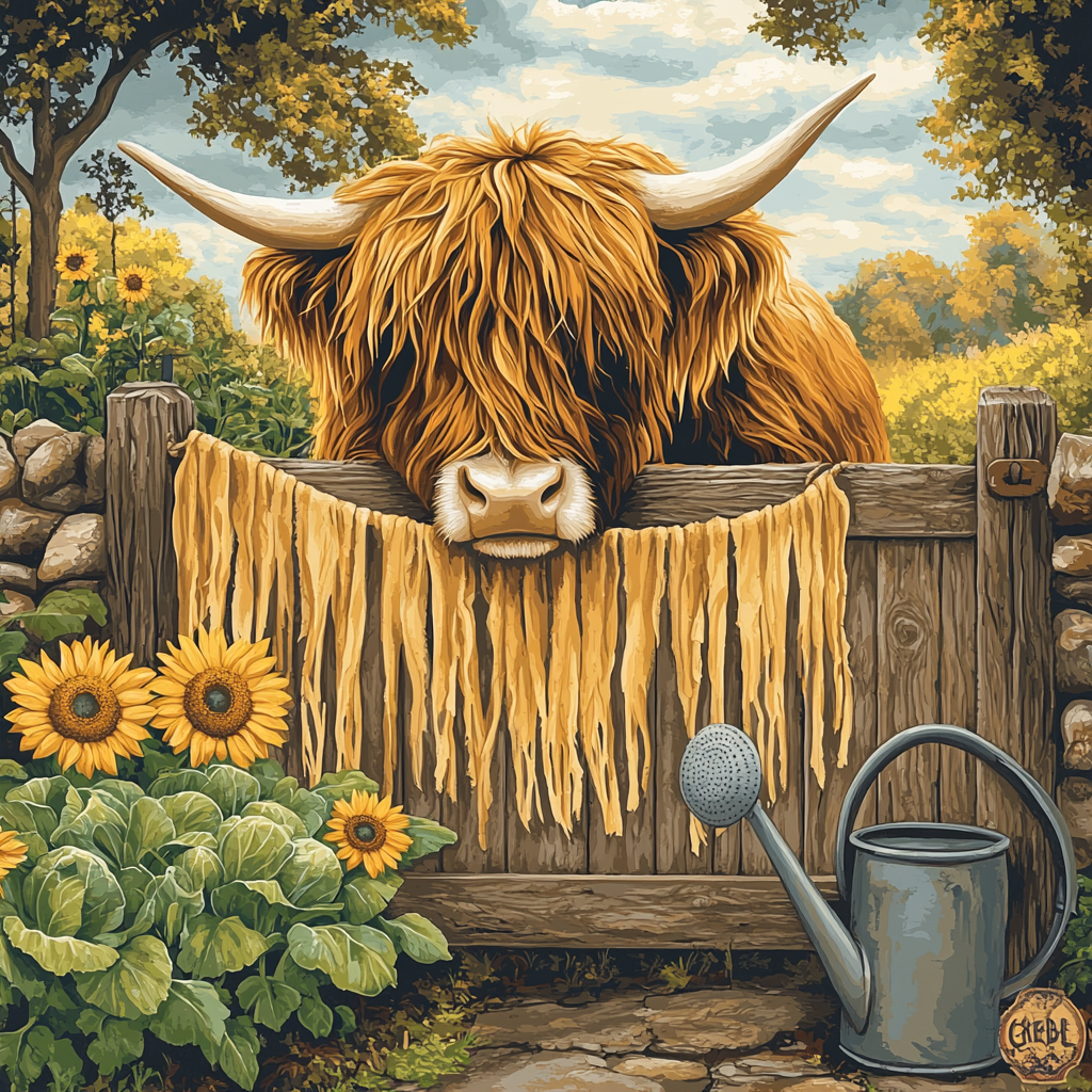Highland Cow Garden Gate With Sunflowers painting number kit
