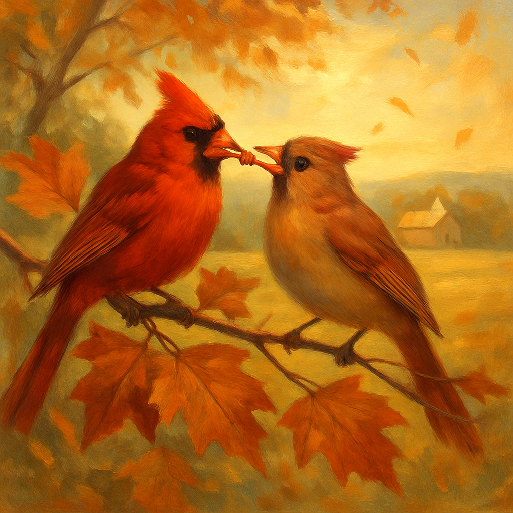 Autumn Hearth Cardinals In Copper Leaves Painting by numbers kit