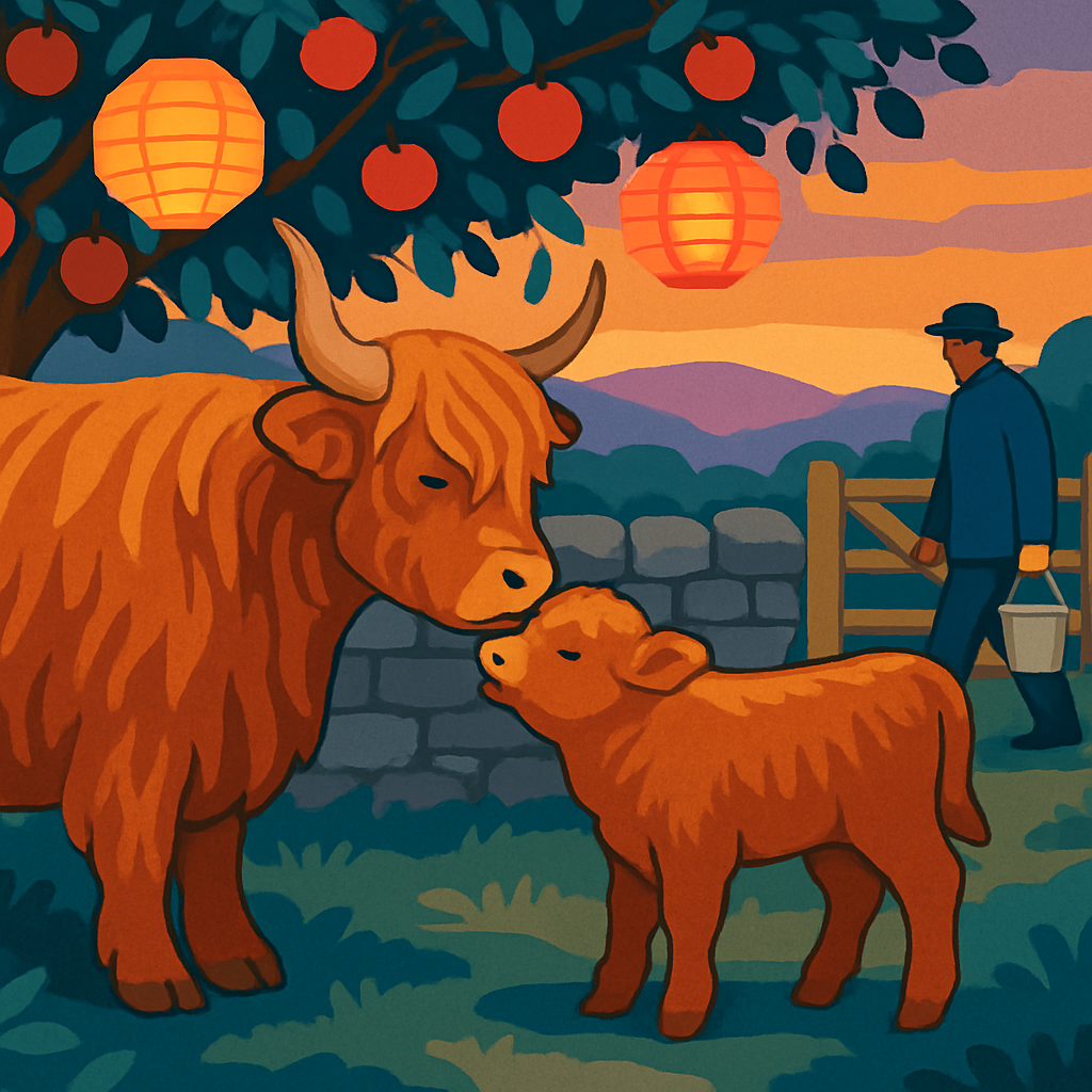 Highland Cow With Orchard Lanterns Paint by numbers art